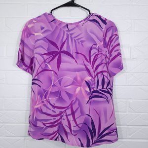 Vintage Victoria Soie Purple Tropical Palm Leaf Print Short Sleeve 100% Silk Top